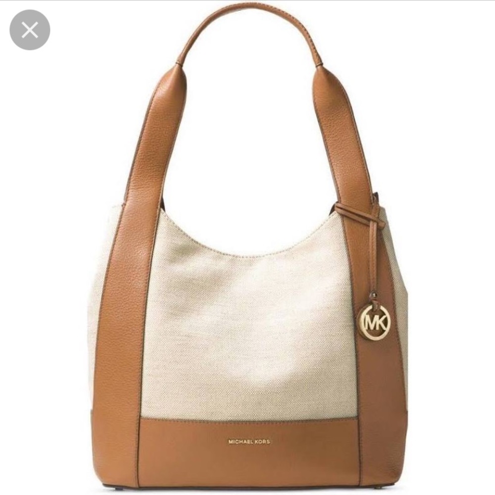 Michael Kors Marlon MD Canvas Leather Shoulder Natural Acorn Tote Bag